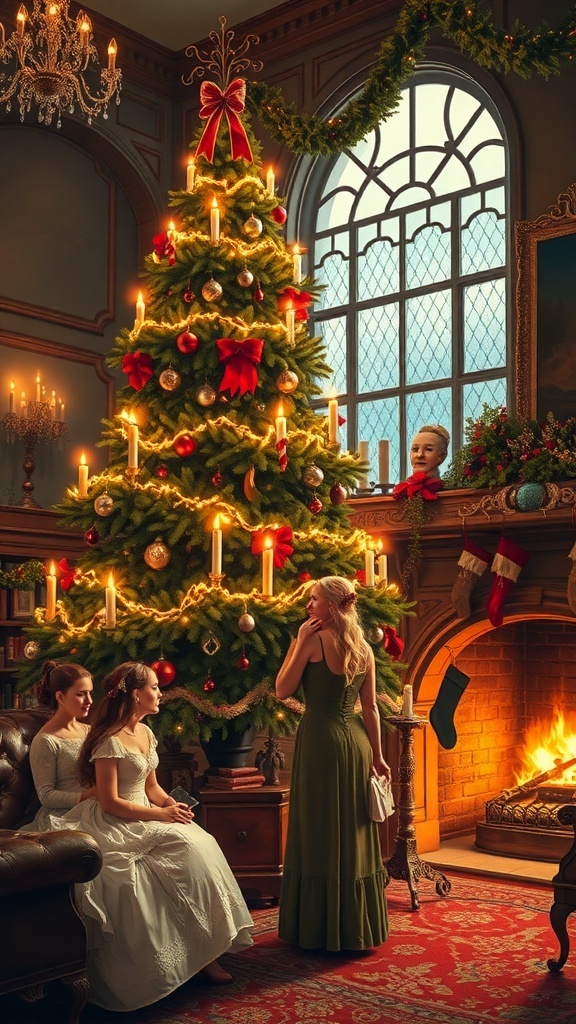 Victorian Christmas tree with candles and ornaments in a cozy living room with family.